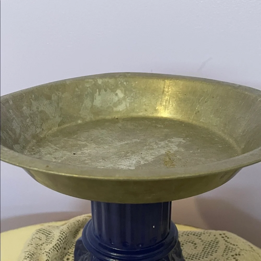 Decorative Pedestal Compote - Blue Base with aluminum top